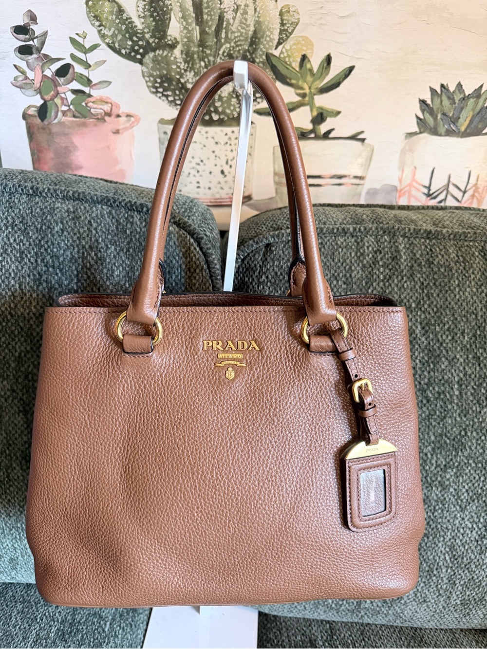 Prada Brown Pebbled Leather Satchel with Gold Hardware
